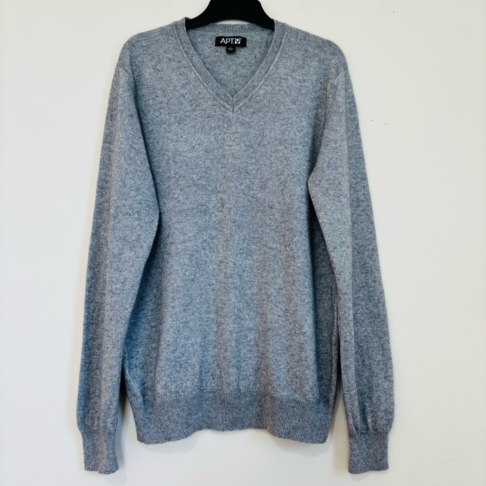 Apt9 Men Large Cashmere Silk V Neck heather gray knit slouchy pullover Sweater